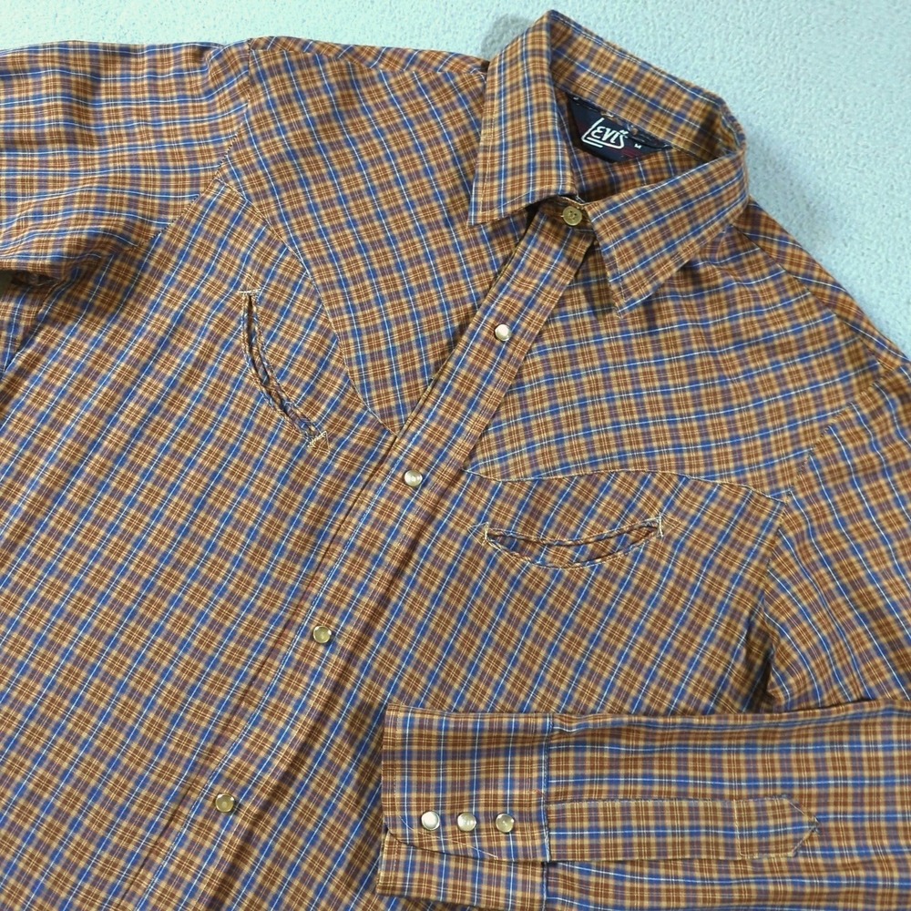 VTG Levi's Western Shirt Mens Medium Brown Blue Plaid Pearl Snap Smile Pockets‎